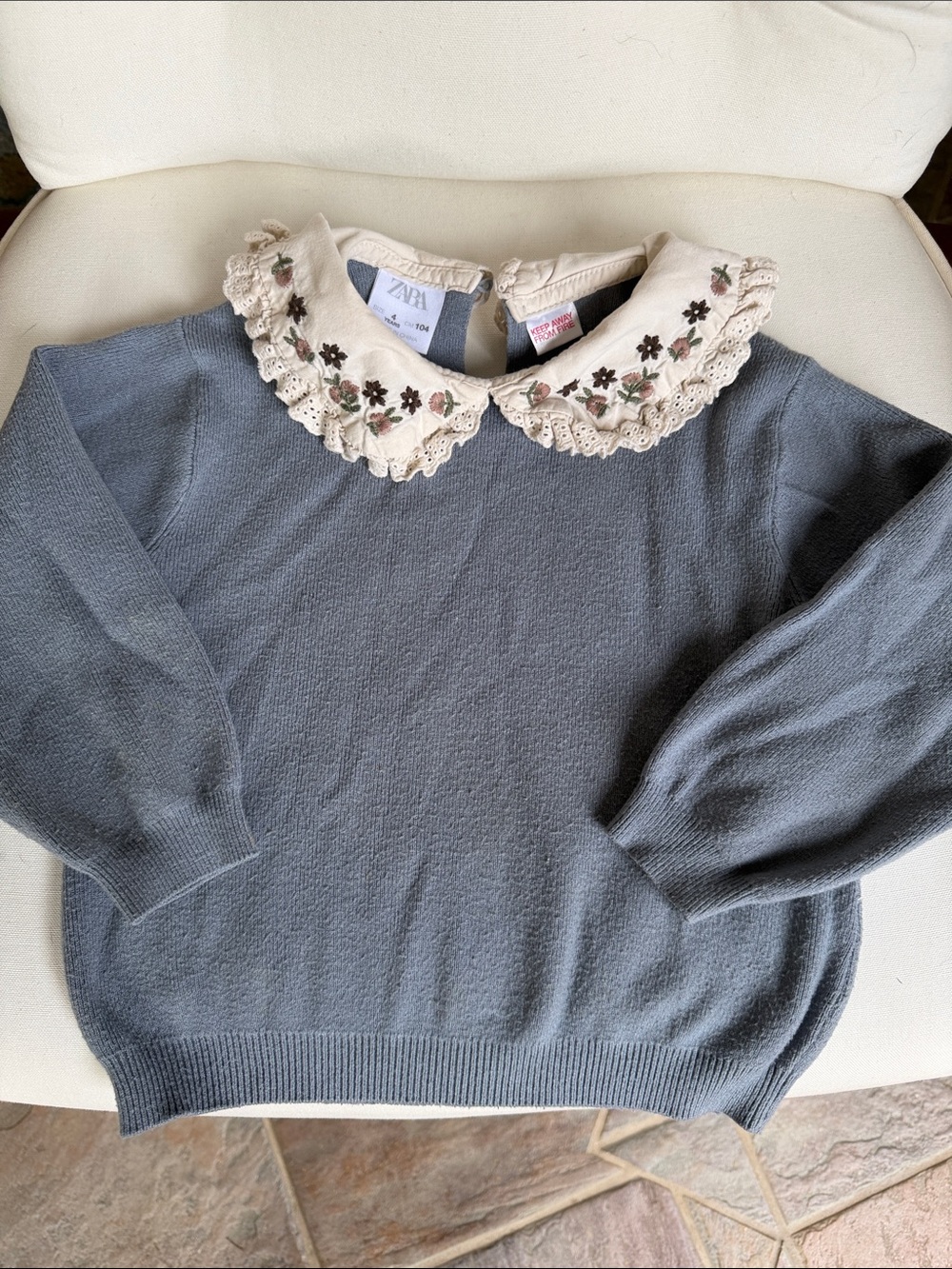 ZARA Blue Sweater with Cream Embroidered Peter Pan Collar